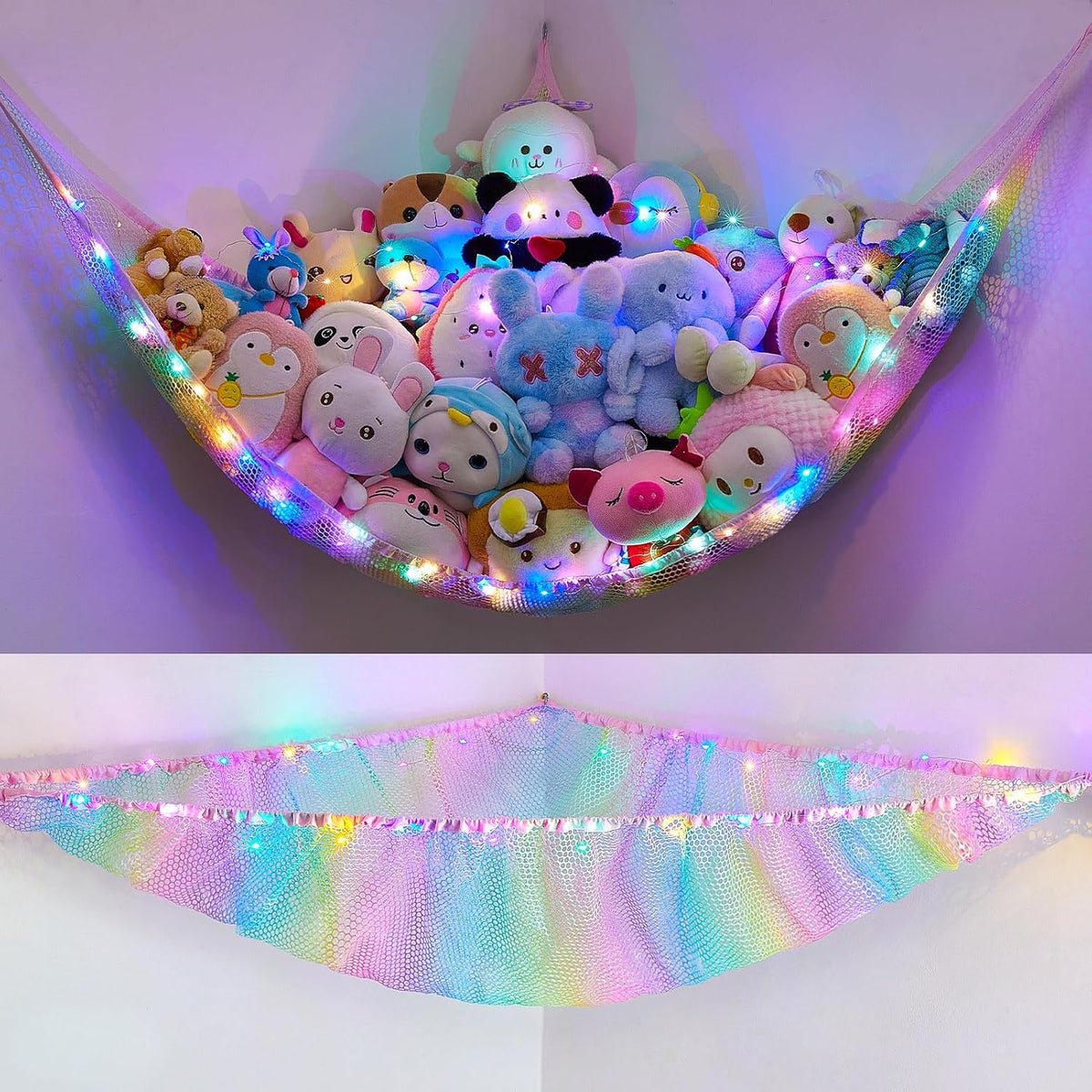 Stuffed Animals Hammock with LED Light Toy Net Room Decor Corner Storage