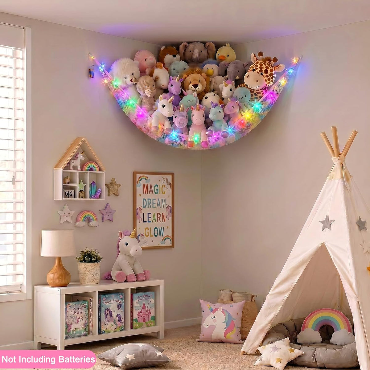 Stuffed Animals Hammock with LED Light Toy Net Room Decor Corner Storage