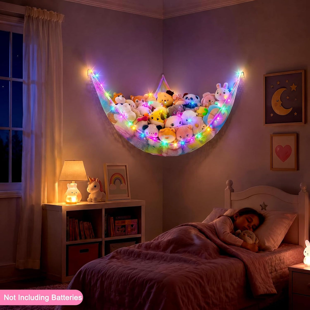 Stuffed Animals Hammock with LED Light Toy Net Room Decor Corner Storage