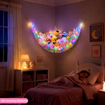 Stuffed Animals Hammock with LED Light Toy Net Room Decor Corner Storage