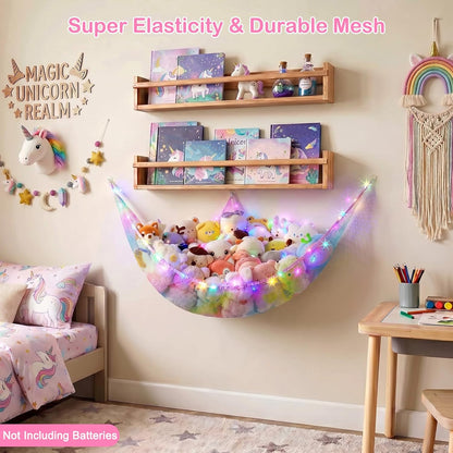 Stuffed Animals Hammock with LED Light Toy Net Room Decor Corner Storage