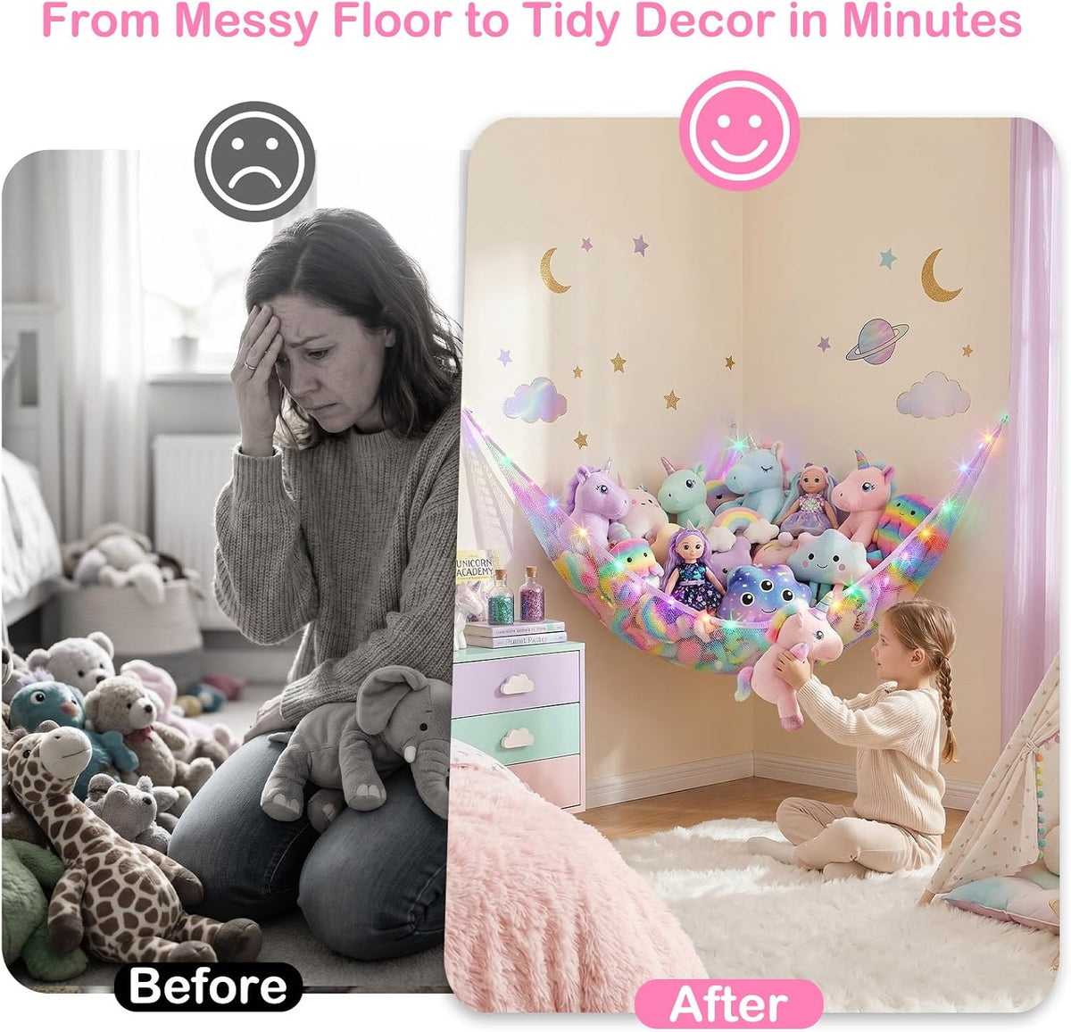 Stuffed Animals Hammock with LED Light Toy Net Room Decor Corner Storage
