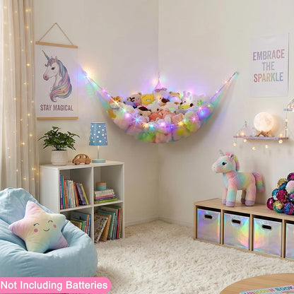 Stuffed Animals Hammock with LED Light Toy Net Room Decor Corner Storage