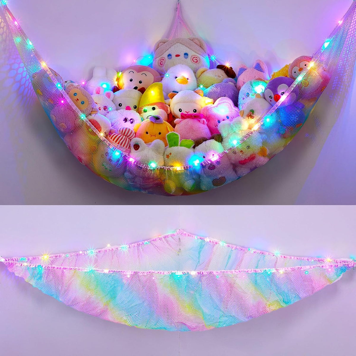 Stuffed Animals Hammock with LED Light Toy Net Room Decor Corner Storage