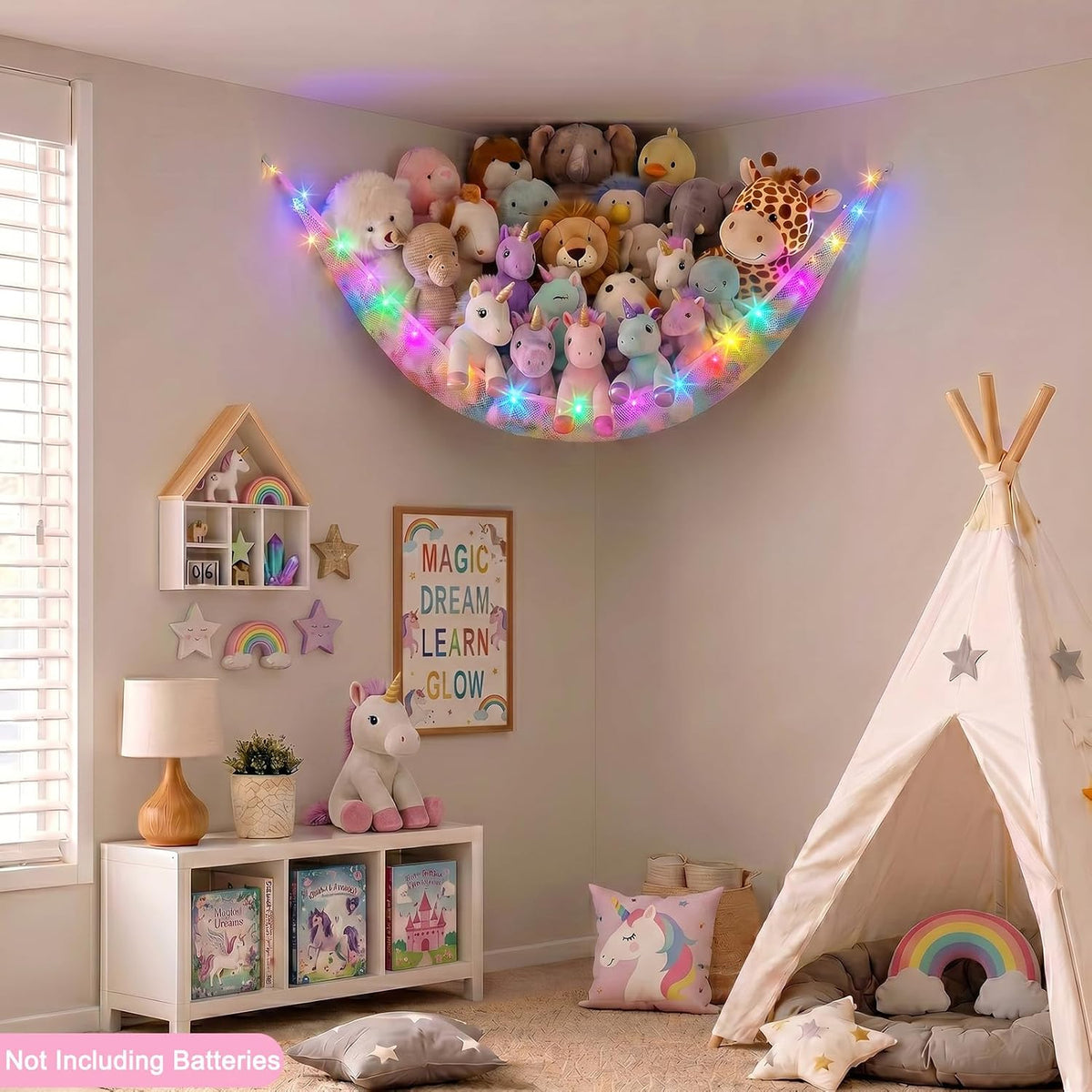 Stuffed Animals Hammock with LED Light Toy Net Room Decor Corner Storage