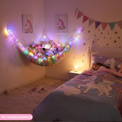 Stuffed Animals Hammock with LED Light Toy Net Room Decor Corner Storage