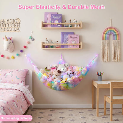 Stuffed Animals Hammock with LED Light Toy Net Room Decor Corner Storage
