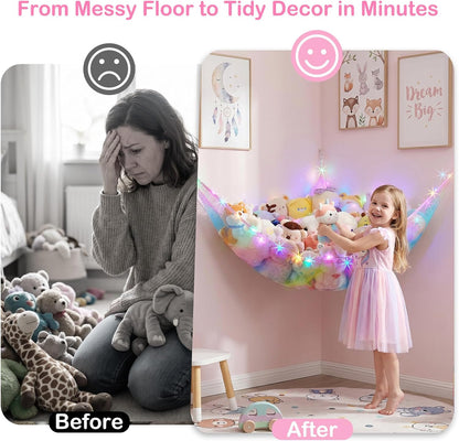 Stuffed Animals Hammock with LED Light Toy Net Room Decor Corner Storage