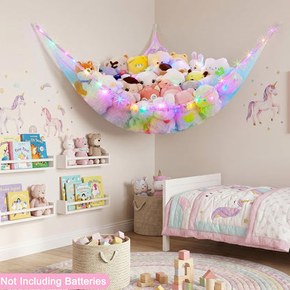 Stuffed Animals Hammock with LED Light Toy Net Room Decor Corner Storage