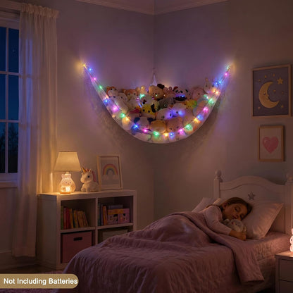 Stuffed Animals Hammock with LED Light Toy Net Room Decor Corner Storage