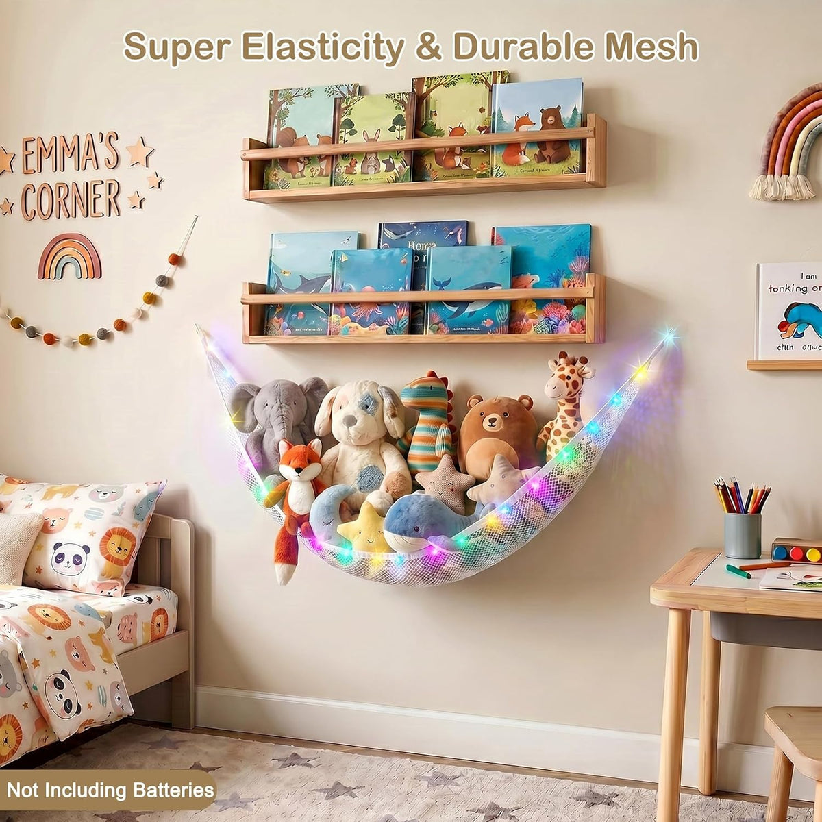 Stuffed Animals Hammock with LED Light Toy Net Room Decor Corner Storage