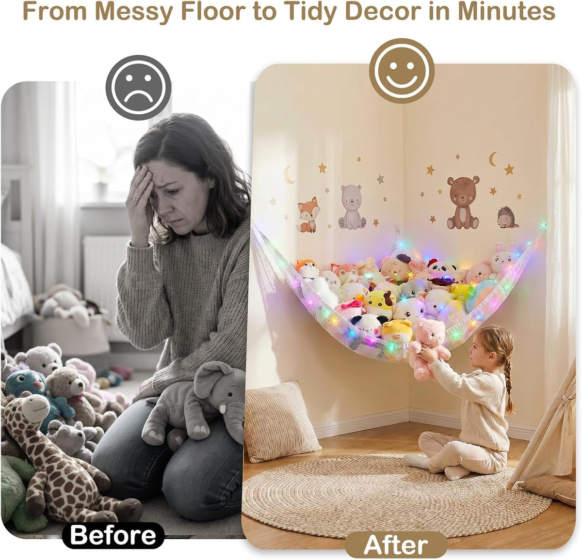 Stuffed Animals Hammock with LED Light Toy Net Room Decor Corner Storage