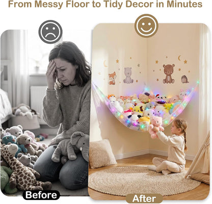 Stuffed Animals Hammock with LED Light Toy Net Room Decor Corner Storage