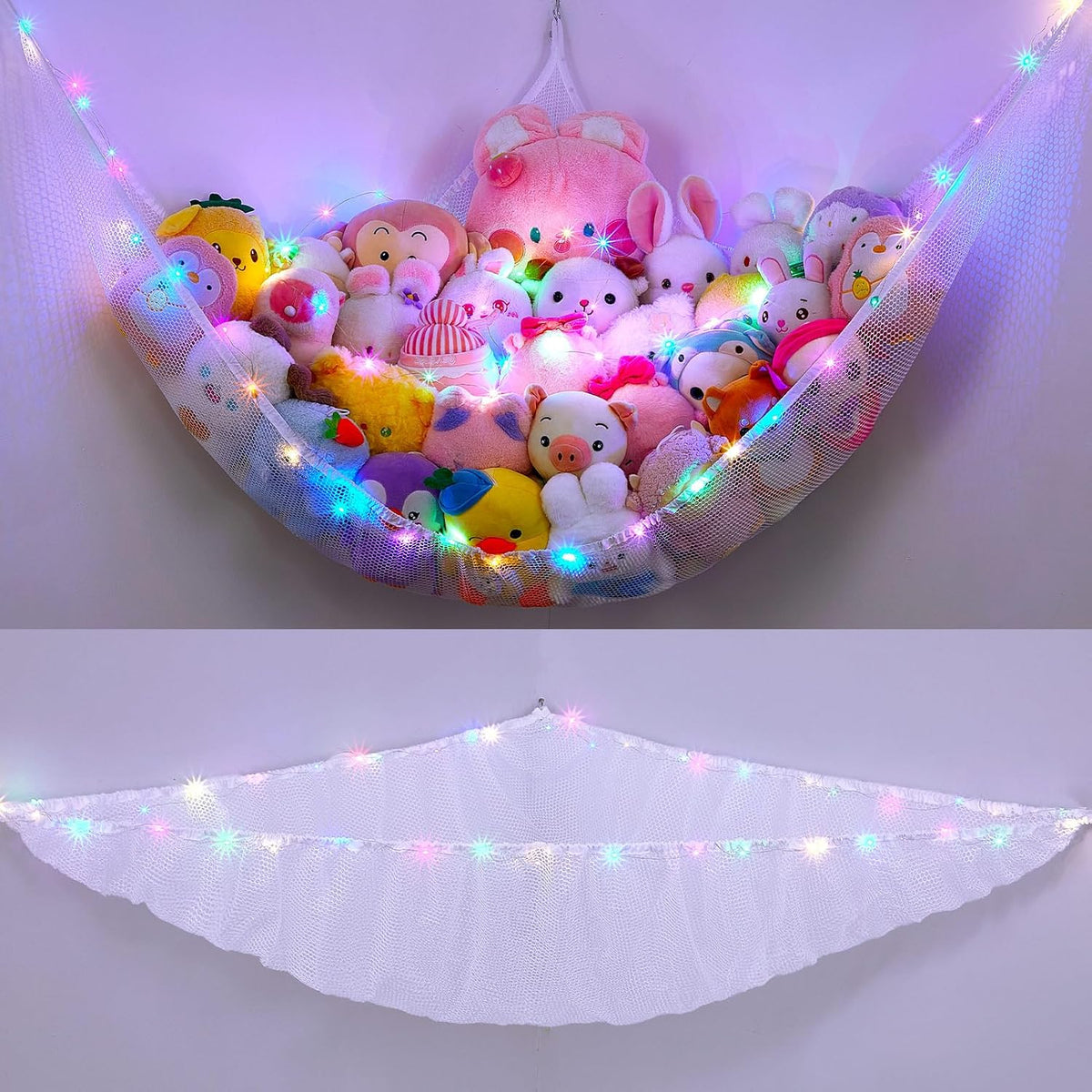 Stuffed Animals Hammock with LED Light Toy Net Room Decor Corner Storage