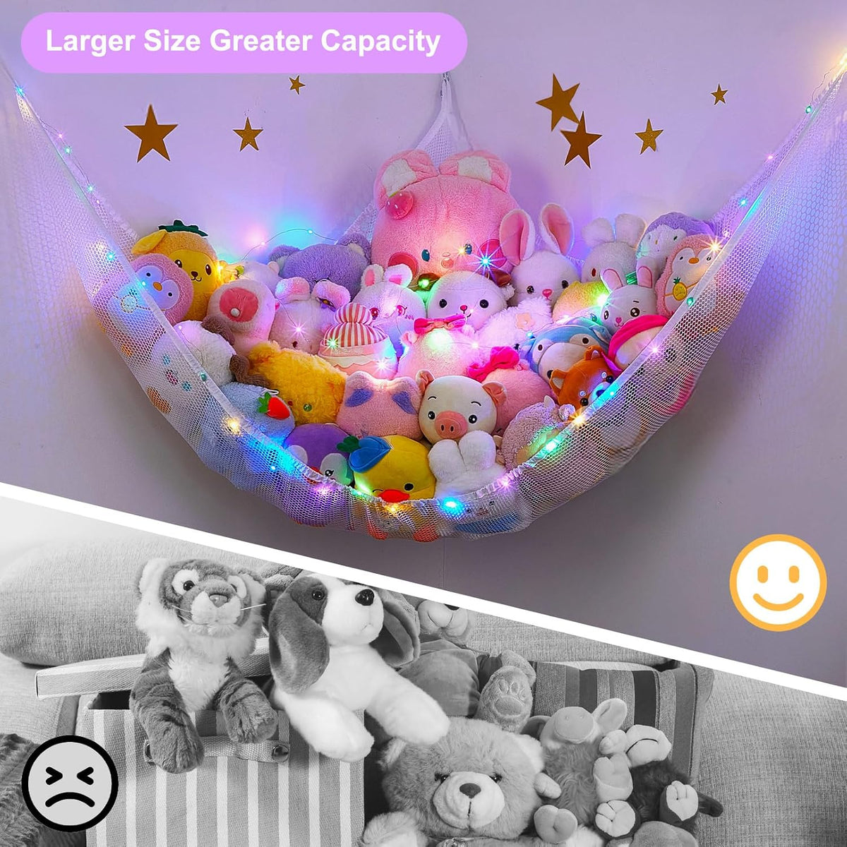 Stuffed Animals Hammock with LED Light Toy Net Room Decor Corner Storage