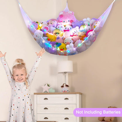 Stuffed Animals Hammock with LED Light Toy Net Room Decor Corner Storage