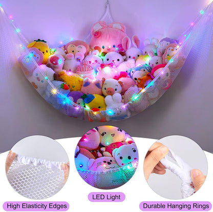Stuffed Animals Hammock with LED Light Toy Net Room Decor Corner Storage