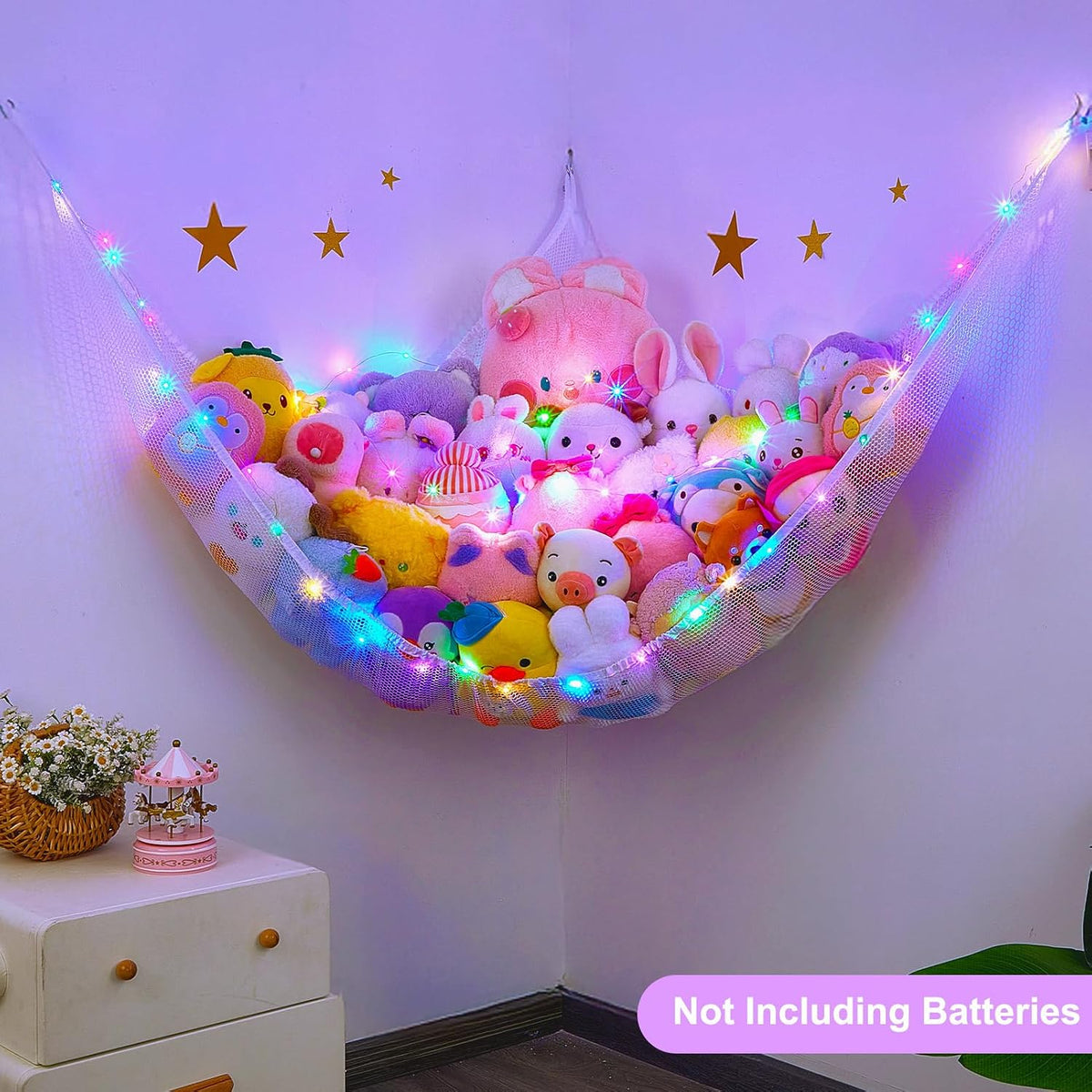 Stuffed Animals Hammock with LED Light Toy Net Room Decor Corner Storage