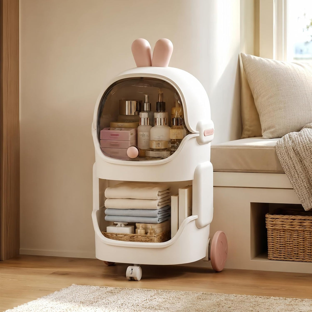 Rolling Bathroom Organizer with Lockable Wheels, 3-Tier Storage Shelf with Dustproof Top Bin, Mobile Organizer Cart for Skincare, Cosmetics, Toiletries, Laundry Room, Bedroom & Bathroom