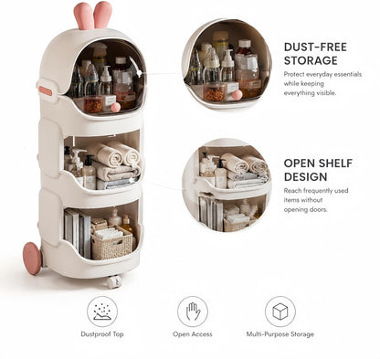 Rolling Bathroom Organizer with Lockable Wheels, 3-Tier Storage Shelf with Dustproof Top Bin, Mobile Organizer Cart for Skincare, Cosmetics, Toiletries, Laundry Room, Bedroom & Bathroom