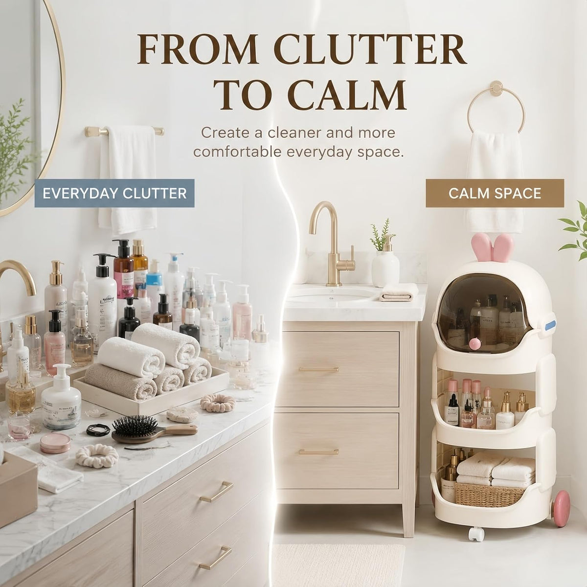 Rolling Bathroom Organizer with Lockable Wheels, 3-Tier Storage Shelf with Dustproof Top Bin, Mobile Organizer Cart for Skincare, Cosmetics, Toiletries, Laundry Room, Bedroom & Bathroom