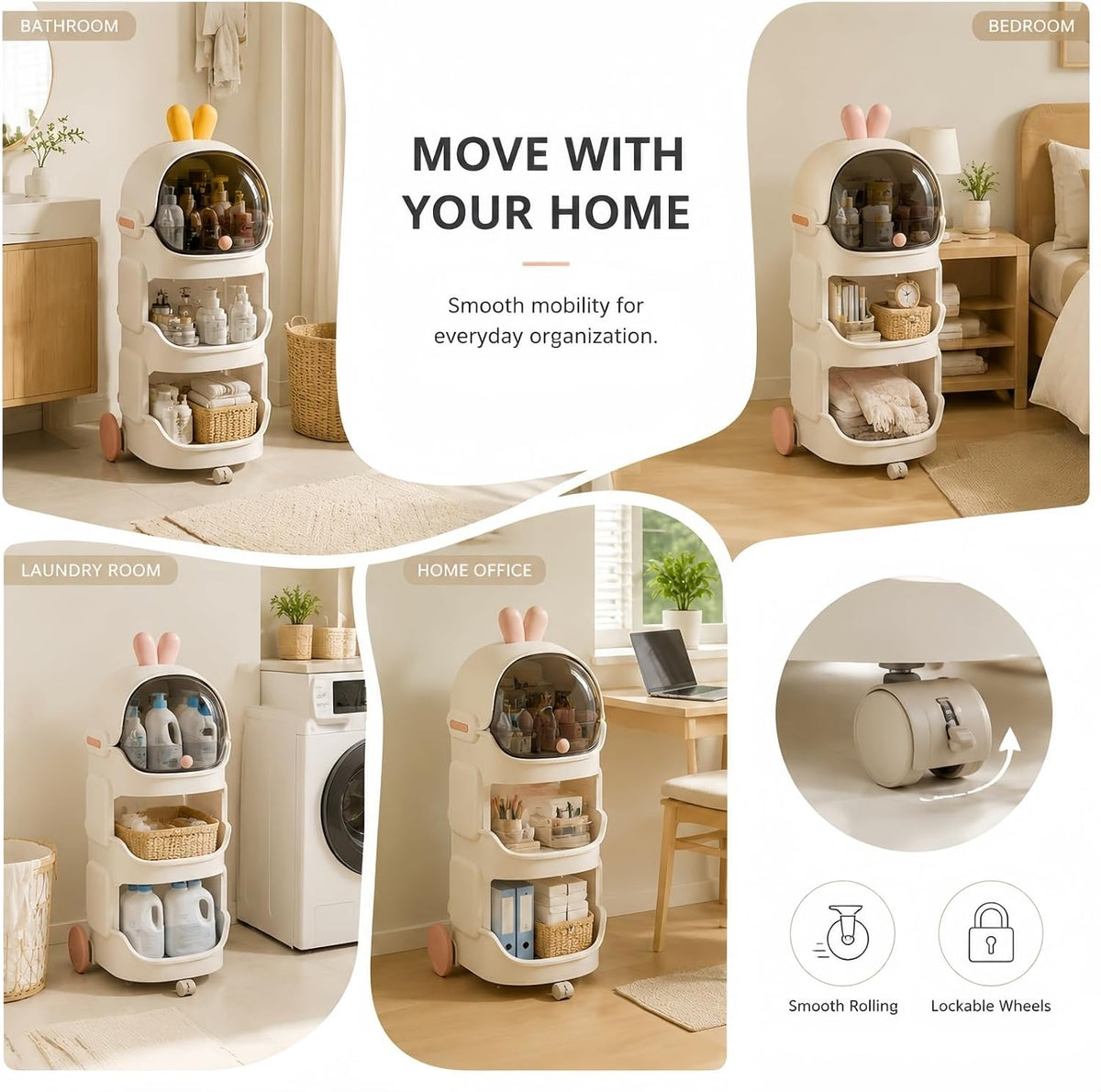Rolling Bathroom Organizer with Lockable Wheels, 3-Tier Storage Shelf with Dustproof Top Bin, Mobile Organizer Cart for Skincare, Cosmetics, Toiletries, Laundry Room, Bedroom & Bathroom