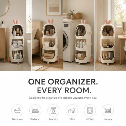 Rolling Bathroom Organizer with Lockable Wheels, 3-Tier Storage Shelf with Dustproof Top Bin, Mobile Organizer Cart for Skincare, Cosmetics, Toiletries, Laundry Room, Bedroom & Bathroom