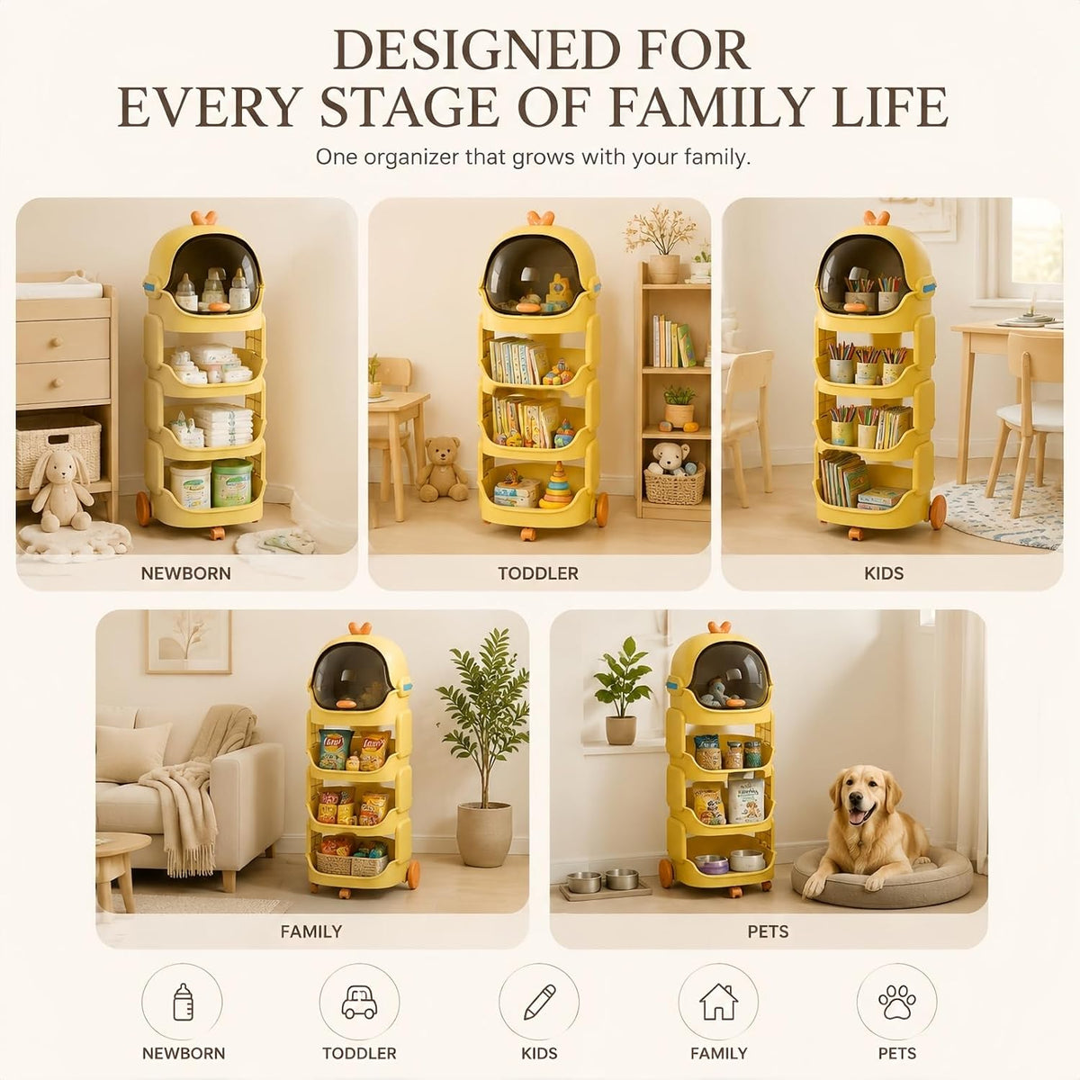 Rolling Bathroom Organizer with Lockable Wheels, 3-Tier Storage Shelf with Dustproof Top Bin, Mobile Organizer Cart for Skincare, Cosmetics, Toiletries, Laundry Room, Bedroom & Bathroom