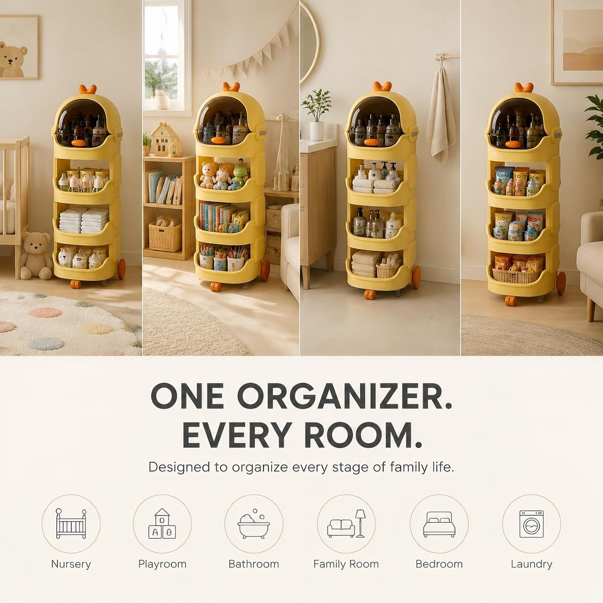 Rolling Bathroom Organizer with Lockable Wheels, 3-Tier Storage Shelf with Dustproof Top Bin, Mobile Organizer Cart for Skincare, Cosmetics, Toiletries, Laundry Room, Bedroom & Bathroom