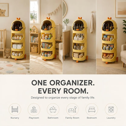 Rolling Bathroom Organizer with Lockable Wheels, 3-Tier Storage Shelf with Dustproof Top Bin, Mobile Organizer Cart for Skincare, Cosmetics, Toiletries, Laundry Room, Bedroom & Bathroom