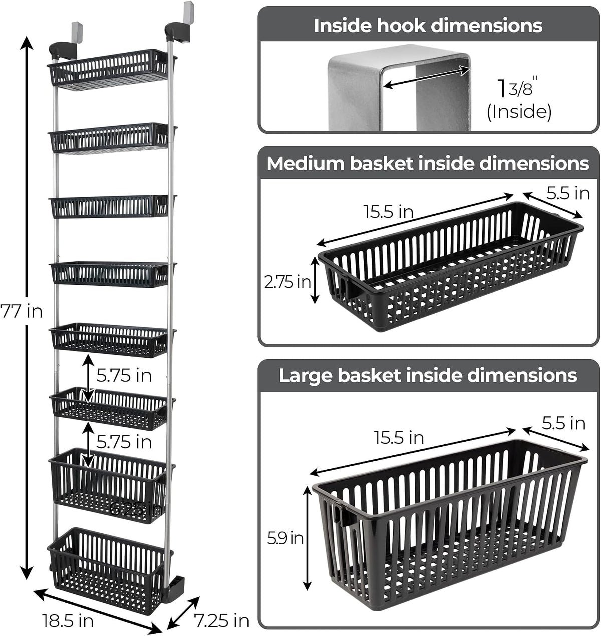 Smart Design Over-the-Door Organizer for Storage – Perfect for Pantry Organization, Bedroom, Bathroom Storage, Playroom, or Kitchen - Adjustable Steel Frame with 8 Baskets & Wall Mount – Black …