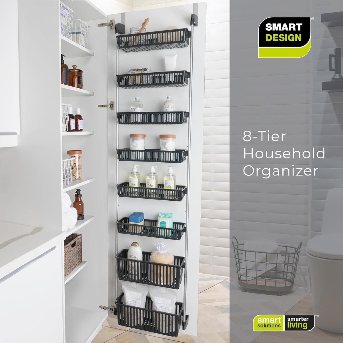 Smart Design Over-the-Door Organizer for Storage – Perfect for Pantry Organization, Bedroom, Bathroom Storage, Playroom, or Kitchen - Adjustable Steel Frame with 8 Baskets & Wall Mount – Black …