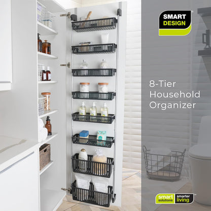 Smart Design Over-the-Door Organizer for Storage – Perfect for Pantry Organization, Bedroom, Bathroom Storage, Playroom, or Kitchen - Adjustable Steel Frame with 8 Baskets & Wall Mount – Black …