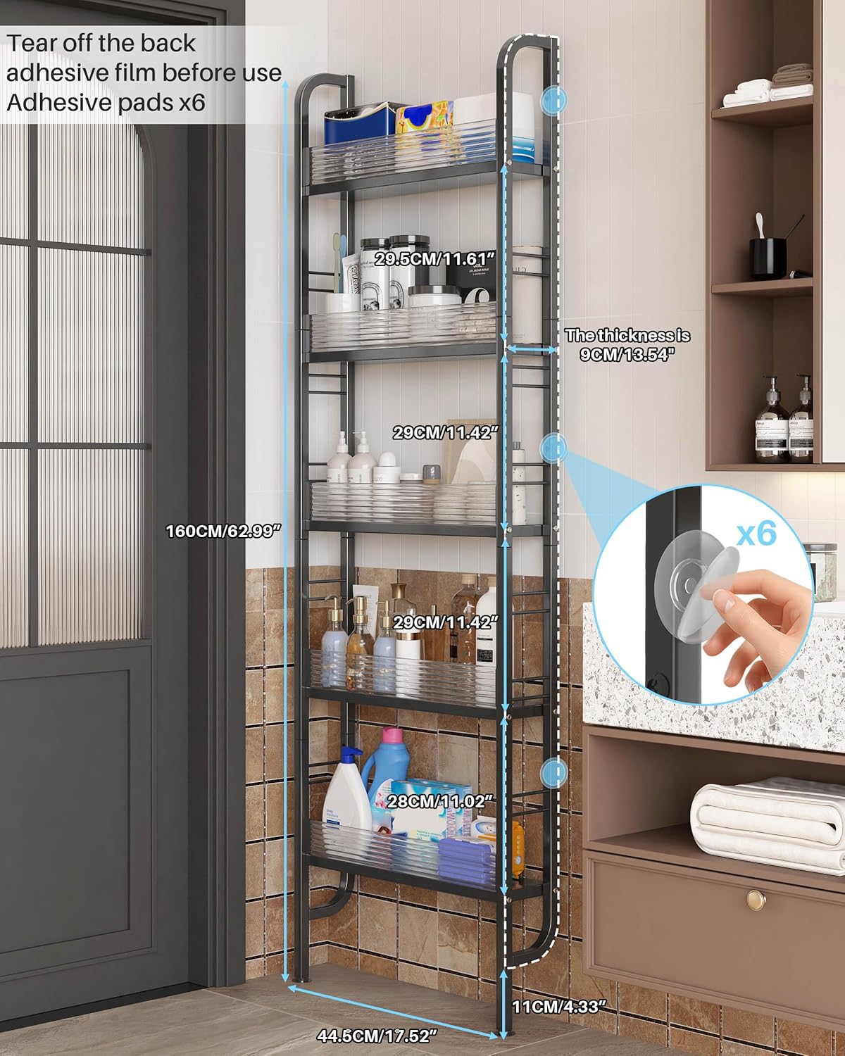 UMDONX Narrow 5-Tier Behind the Door Storage Rack for Bathroom