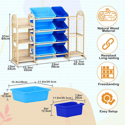 Kids Toy Storage Organizer, Toy Organizers and Storage with Stuffed Animal Storage, Toy Storage Shelf with 3 Shelves, 12 Storage Bins, Kids Bookshelf, Toy Holder for Playrooms, Bedrooms, White