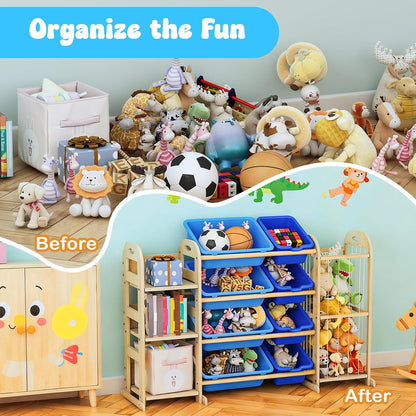 Kids Toy Storage Organizer, Toy Organizers and Storage with Stuffed Animal Storage, Toy Storage Shelf with 3 Shelves, 12 Storage Bins, Kids Bookshelf, Toy Holder for Playrooms, Bedrooms, White