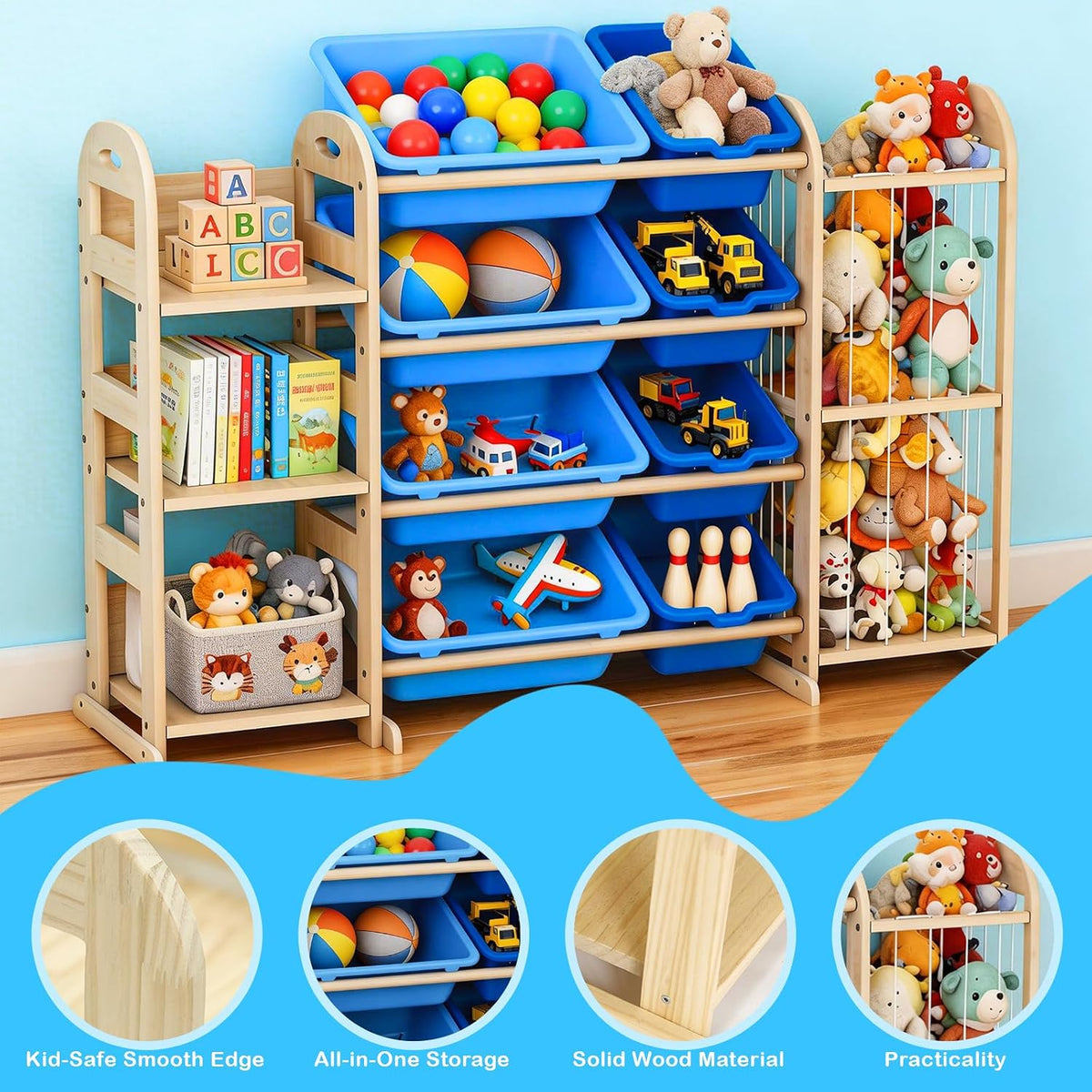 Kids Toy Storage Organizer, Toy Organizers and Storage with Stuffed Animal Storage, Toy Storage Shelf with 3 Shelves, 12 Storage Bins, Kids Bookshelf, Toy Holder for Playrooms, Bedrooms, White