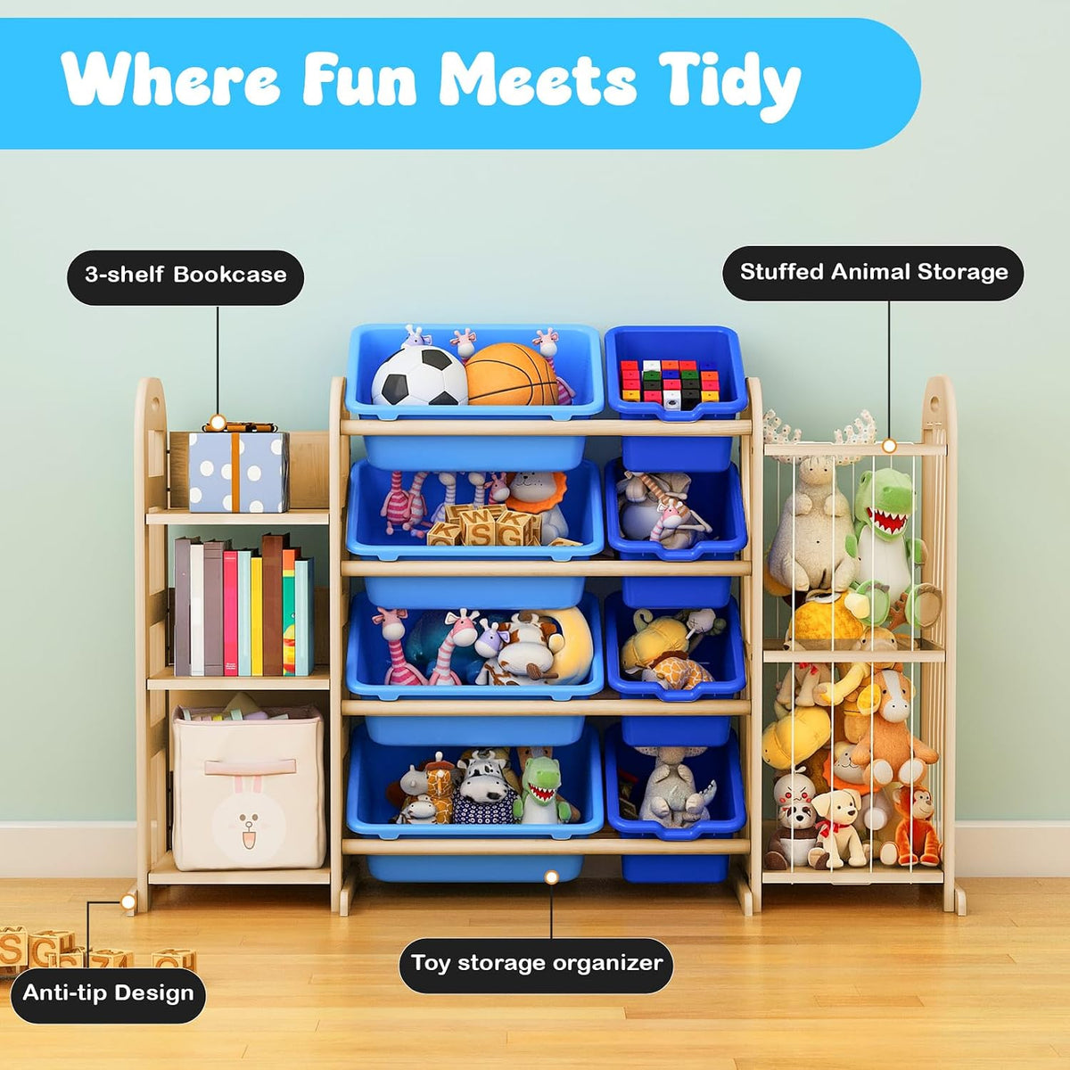 Kids Toy Storage Organizer, Toy Organizers and Storage with Stuffed Animal Storage, Toy Storage Shelf with 3 Shelves, 12 Storage Bins, Kids Bookshelf, Toy Holder for Playrooms, Bedrooms, White