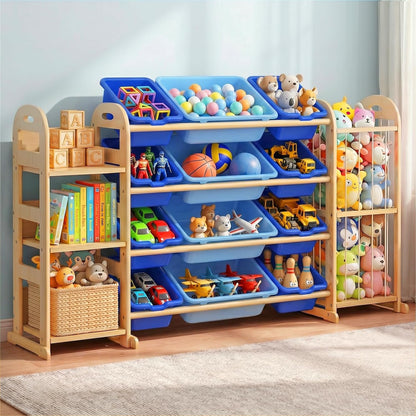 Kids Toy Storage Organizer, Toy Organizers and Storage with Stuffed Animal Storage, Toy Storage Shelf with 3 Shelves, 12 Storage Bins, Kids Bookshelf, Toy Holder for Playrooms, Bedrooms, White