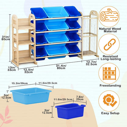 Kids Toy Storage Organizer, Toy Organizers and Storage with Stuffed Animal Storage, Toy Storage Shelf with 3 Shelves, 12 Storage Bins, Kids Bookshelf, Toy Holder for Playrooms, Bedrooms, White