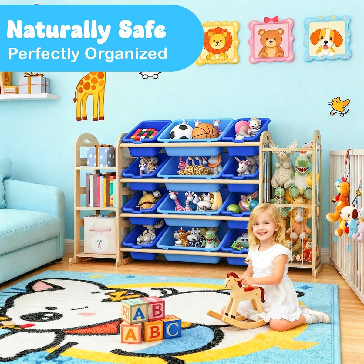 Kids Toy Storage Organizer, Toy Organizers and Storage with Stuffed Animal Storage, Toy Storage Shelf with 3 Shelves, 12 Storage Bins, Kids Bookshelf, Toy Holder for Playrooms, Bedrooms, White