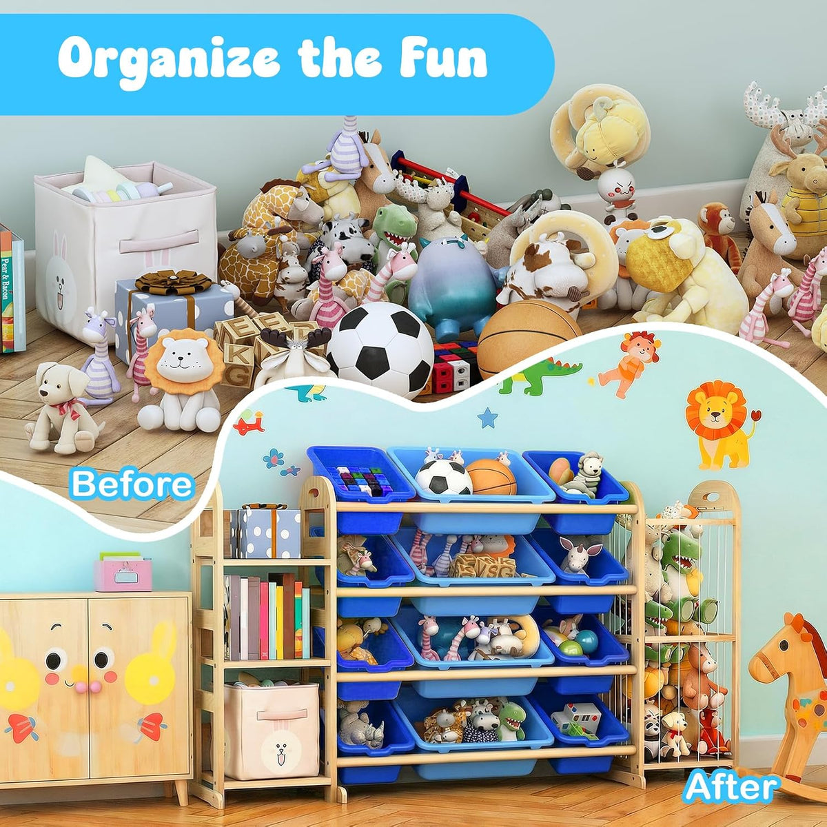 Kids Toy Storage Organizer, Toy Organizers and Storage with Stuffed Animal Storage, Toy Storage Shelf with 3 Shelves, 12 Storage Bins, Kids Bookshelf, Toy Holder for Playrooms, Bedrooms, White