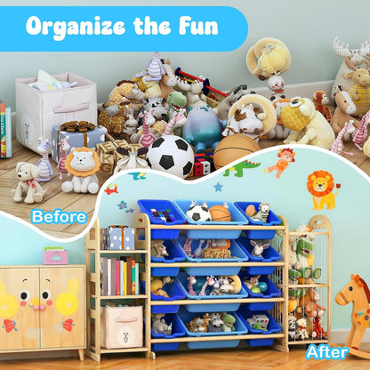 Kids Toy Storage Organizer, Toy Organizers and Storage with Stuffed Animal Storage, Toy Storage Shelf with 3 Shelves, 12 Storage Bins, Kids Bookshelf, Toy Holder for Playrooms, Bedrooms, White