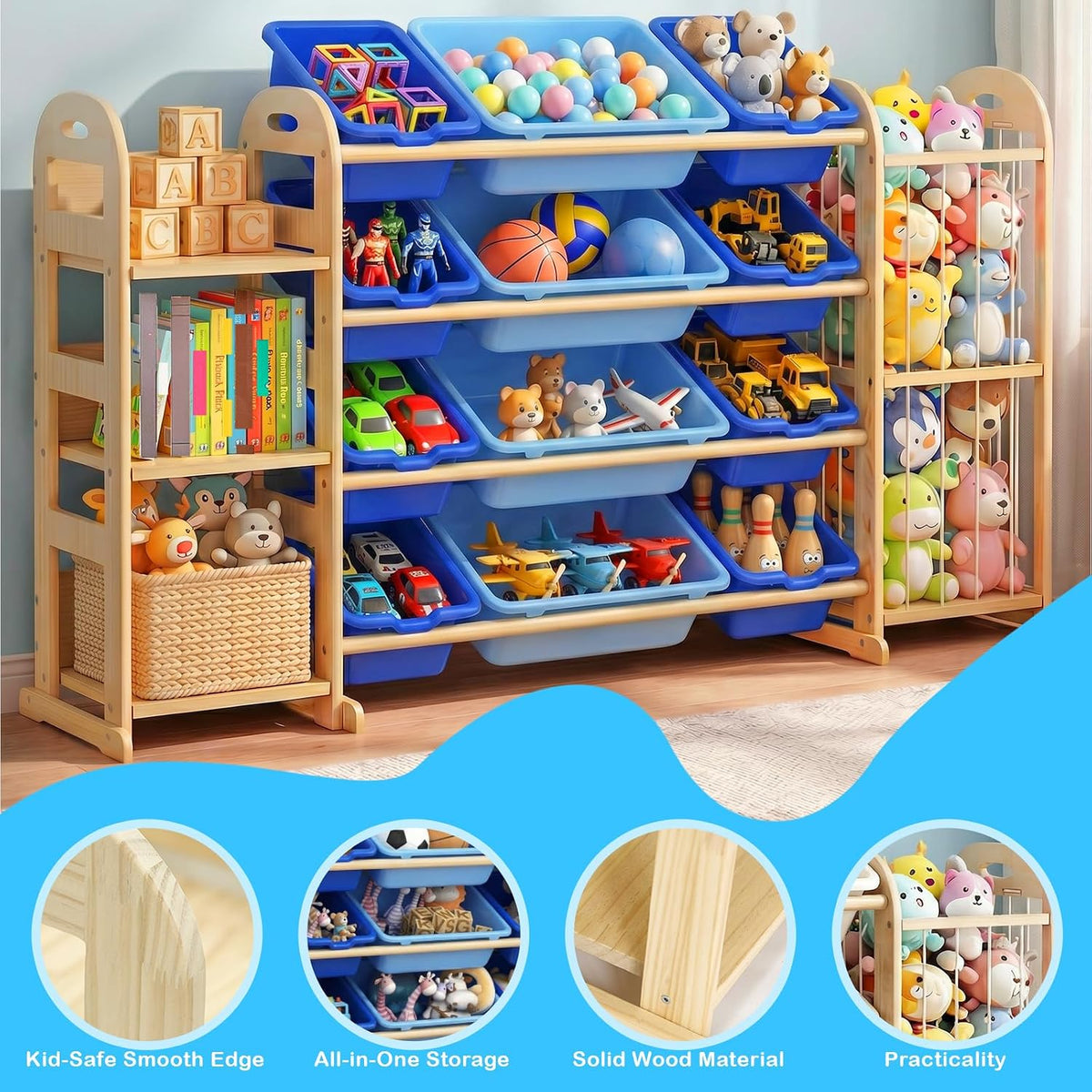 Kids Toy Storage Organizer, Toy Organizers and Storage with Stuffed Animal Storage, Toy Storage Shelf with 3 Shelves, 12 Storage Bins, Kids Bookshelf, Toy Holder for Playrooms, Bedrooms, White
