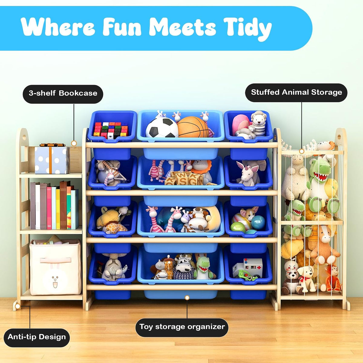 Kids Toy Storage Organizer, Toy Organizers and Storage with Stuffed Animal Storage, Toy Storage Shelf with 3 Shelves, 12 Storage Bins, Kids Bookshelf, Toy Holder for Playrooms, Bedrooms, White