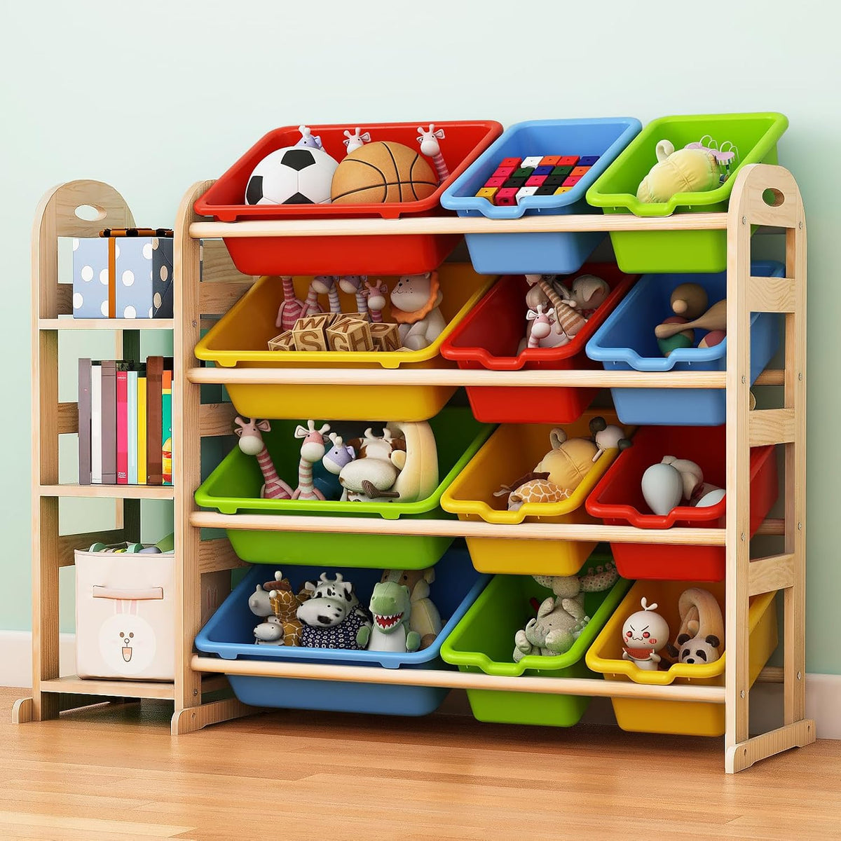 Kids Toy Storage Organizer, Toy Organizers and Storage with Stuffed Animal Storage, Toy Storage Shelf with 3 Shelves, 12 Storage Bins, Kids Bookshelf, Toy Holder for Playrooms, Bedrooms, White