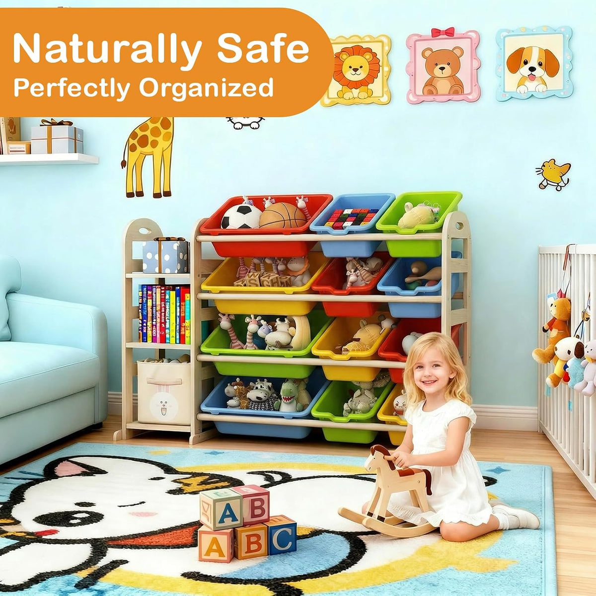 Kids Toy Storage Organizer, Toy Organizers and Storage with Stuffed Animal Storage, Toy Storage Shelf with 3 Shelves, 12 Storage Bins, Kids Bookshelf, Toy Holder for Playrooms, Bedrooms, White