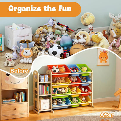 Kids Toy Storage Organizer, Toy Organizers and Storage with Stuffed Animal Storage, Toy Storage Shelf with 3 Shelves, 12 Storage Bins, Kids Bookshelf, Toy Holder for Playrooms, Bedrooms, White