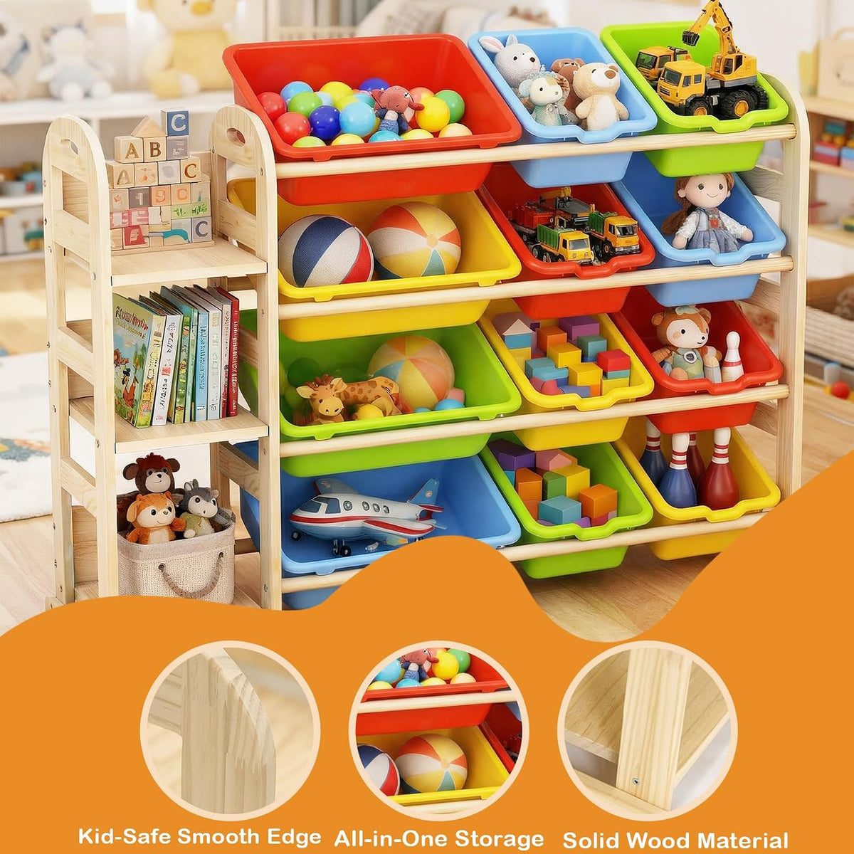 Kids Toy Storage Organizer, Toy Organizers and Storage with Stuffed Animal Storage, Toy Storage Shelf with 3 Shelves, 12 Storage Bins, Kids Bookshelf, Toy Holder for Playrooms, Bedrooms, White