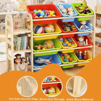 Kids Toy Storage Organizer, Toy Organizers and Storage with Stuffed Animal Storage, Toy Storage Shelf with 3 Shelves, 12 Storage Bins, Kids Bookshelf, Toy Holder for Playrooms, Bedrooms, White